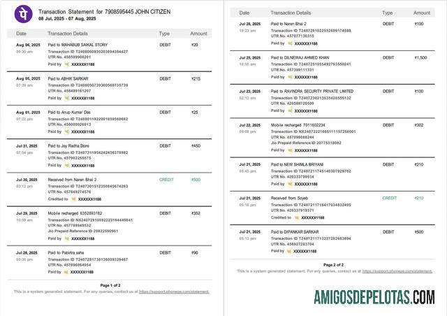 Declaração de transação PhonePe da Índia para download, modelo Word e PDF, 2 páginas
